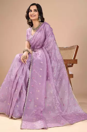 Purple floral sequinned organza saree