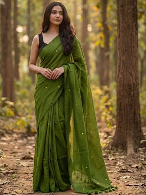 Olive embellished  cotton khadi saree 1