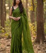 Olive embellished  cotton khadi saree