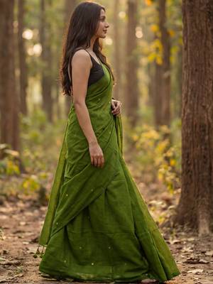 Olive embellished  cotton khadi saree 2