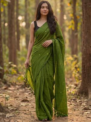 Olive embellished  cotton khadi saree 3