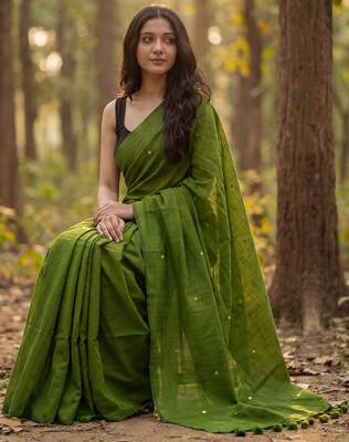 Olive embellished  cotton khadi saree 4