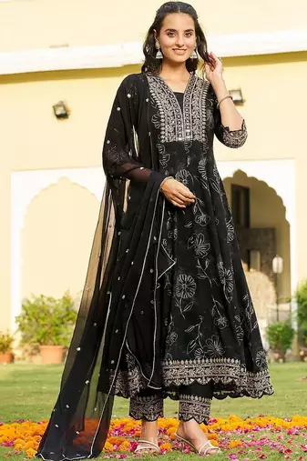 women floral printed regular thread work kurta with trousers & with dupatta