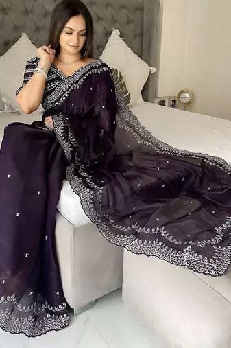 Purple floral silk blend saree