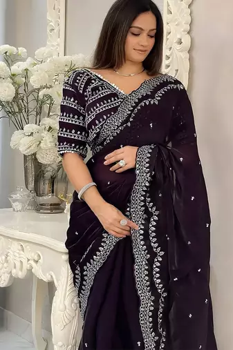 Purple floral silk blend saree