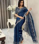 Teal women embellished beads and stones saree