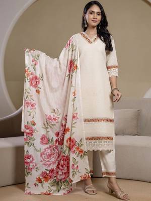women floral embroidered regular thread work  cotton kurta with trousers & with dupatta 1