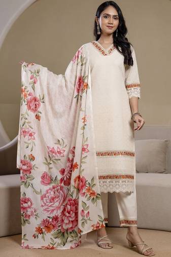 women floral embroidered regular thread work  cotton kurta with trousers & with dupatta