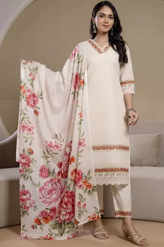 women floral embroidered regular thread work  cotton kurta with trousers & with dupatta