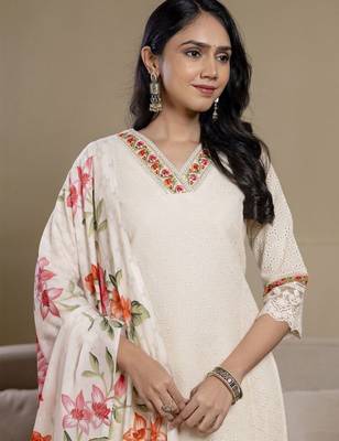 women floral embroidered regular thread work  cotton kurta with trousers & with dupatta 2