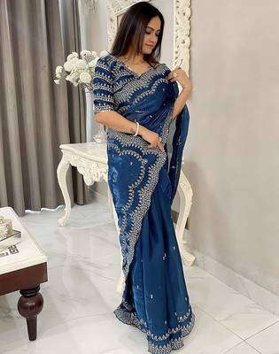 Teal women embellished beads and stones saree 2