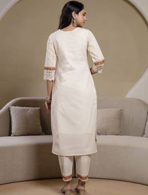 women floral embroidered regular thread work  cotton kurta with trousers & with dupatta 4