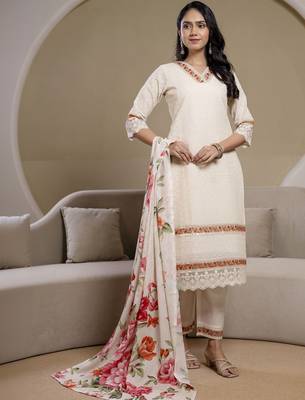 women floral embroidered regular thread work  cotton kurta with trousers & with dupatta 5