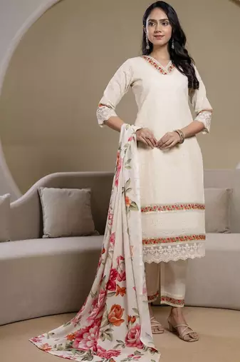 women floral embroidered regular thread work  cotton kurta with trousers & with dupatta
