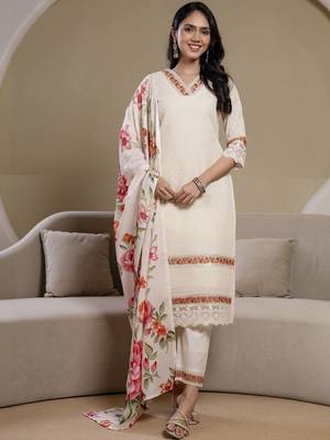 women floral embroidered regular thread work  cotton kurta with trousers & with dupatta 6