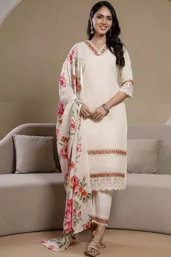women floral embroidered regular thread work  cotton kurta with trousers & with dupatta