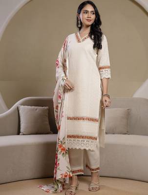 women floral embroidered regular thread work  cotton kurta with trousers & with dupatta 7