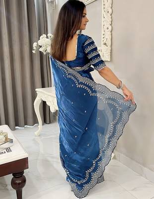 Teal women embellished beads and stones saree 3