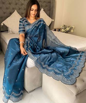Teal women embellished beads and stones saree 4