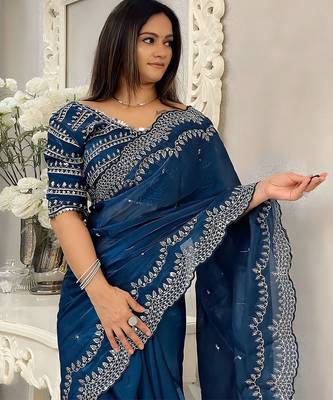 Teal women embellished beads and stones saree 5