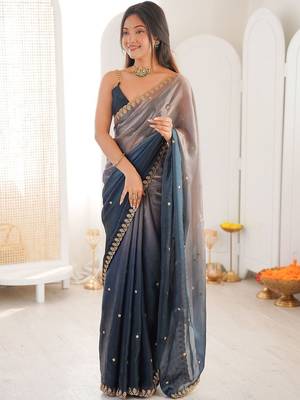 Blue embellished zari tissue heavy work saree 1