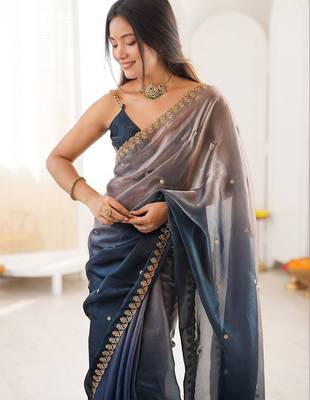 Blue embellished zari tissue heavy work saree 2