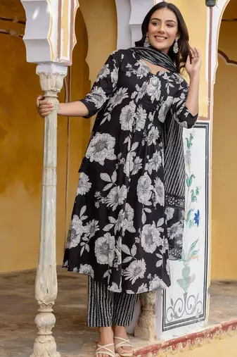 women floral printed pleated  cotton kurta with trousers & with dupatta