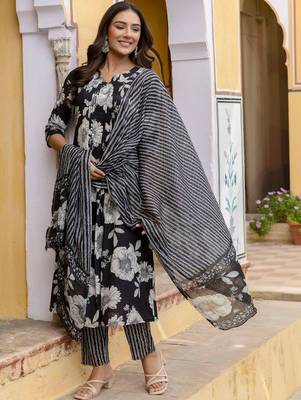 women floral printed pleated  cotton kurta with trousers & with dupatta 6