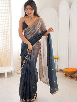 Blue embellished zari tissue heavy work saree 4