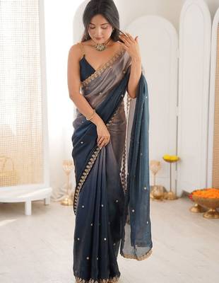 Blue embellished zari tissue heavy work saree 5