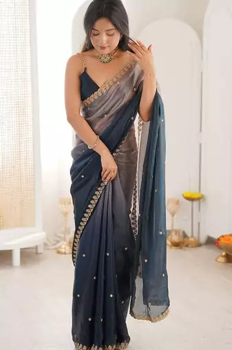 Blue embellished zari tissue heavy work saree