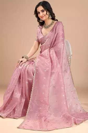 Pink ethnic motifs embroidered sequinned organza saree
