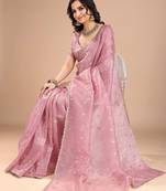 Pink ethnic motifs embroidered sequinned organza saree