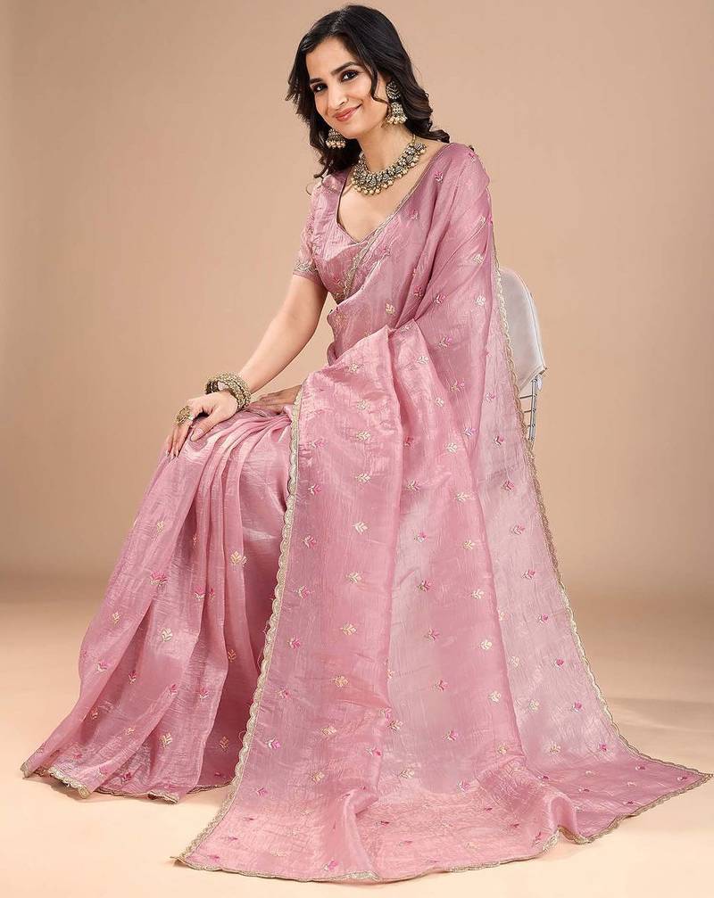 Pink ethnic motifs embroidered sequinned organza saree