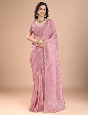 Pink ethnic motifs embroidered sequinned organza saree 2