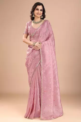 Pink ethnic motifs embroidered sequinned organza saree