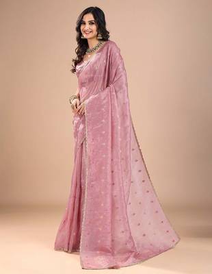 Pink ethnic motifs embroidered sequinned organza saree 3