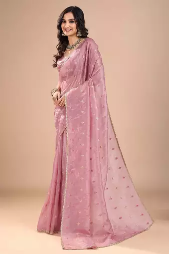 Pink ethnic motifs embroidered sequinned organza saree