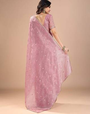 Pink ethnic motifs embroidered sequinned organza saree 4