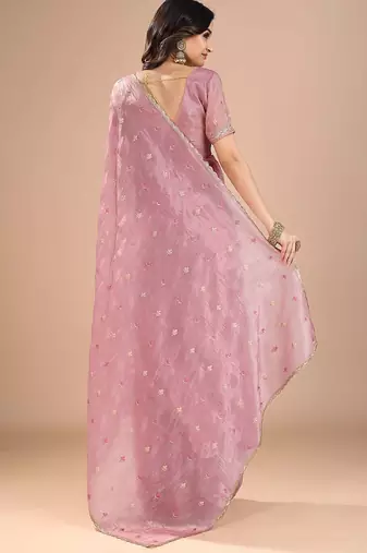 Pink ethnic motifs embroidered sequinned organza saree