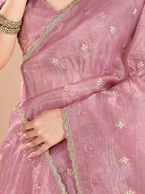 Pink ethnic motifs embroidered sequinned organza saree 5