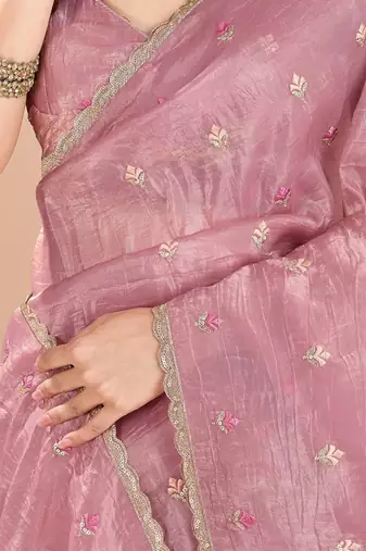 Pink ethnic motifs embroidered sequinned organza saree