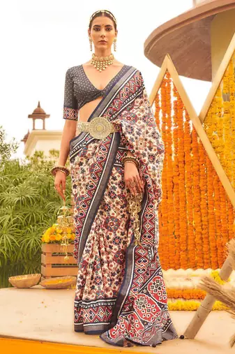 Cream ethnic motifs printed designer patola saree