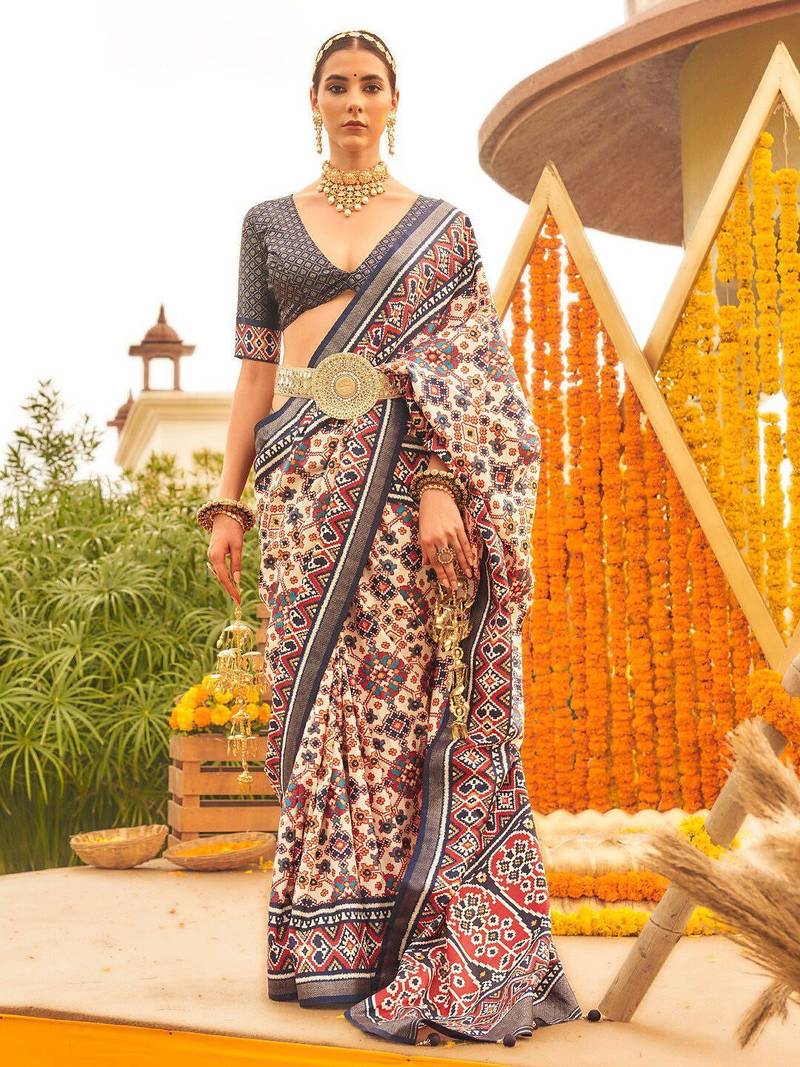 Cream ethnic motifs printed designer patola saree