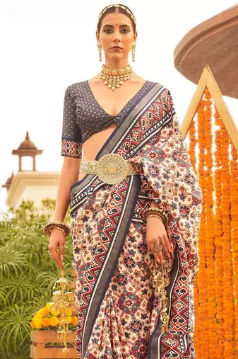 Cream ethnic motifs printed designer patola saree