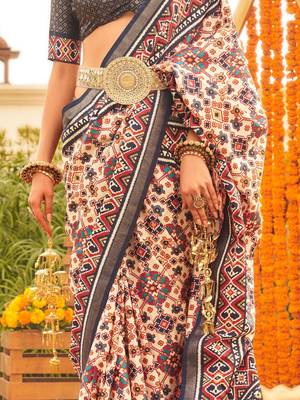Cream ethnic motifs printed designer patola saree 4