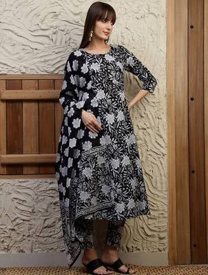 women floral printed  cotton a-line kurta with trouser & dupatta 1