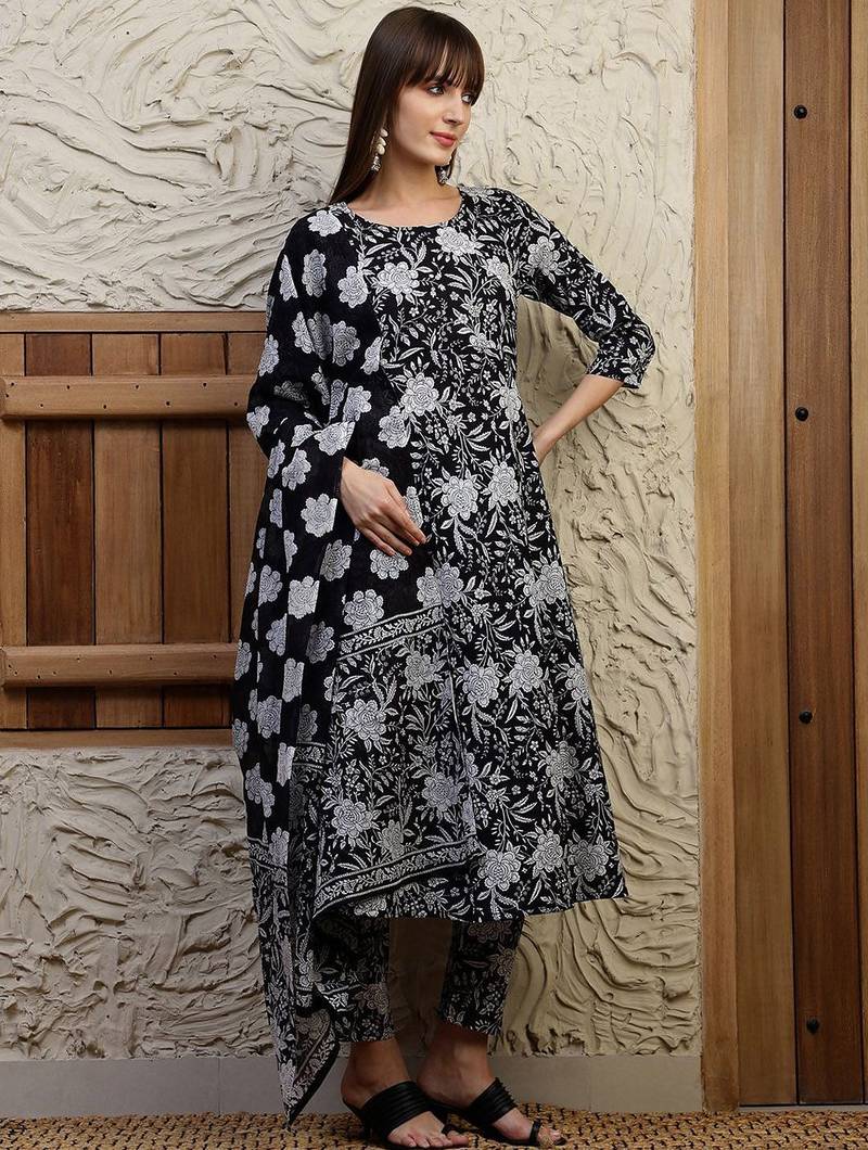 women floral printed  cotton a-line kurta with trouser & dupatta