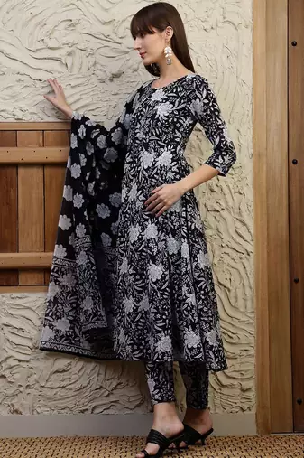 women floral printed  cotton a-line kurta with trouser & dupatta