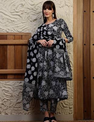 women floral printed  cotton a-line kurta with trouser & dupatta 5